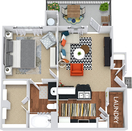 Floor plan for 1 bed, 1 bath, 625 sqft
